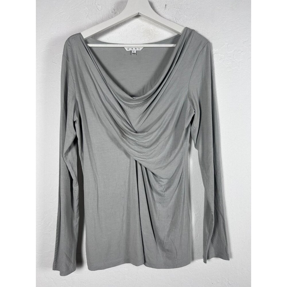Cabi Womens Draped Faux Wrap Blouse Top Size Large Gray Stretch #137 Long Sleeve